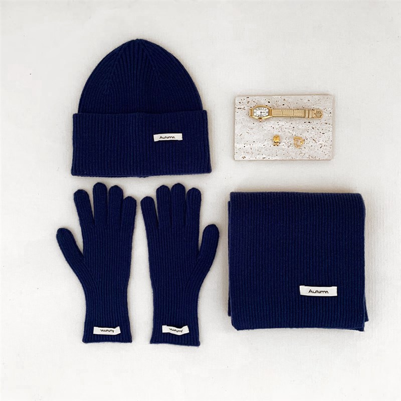 纯色针织帽子围h巾手套三件套针织仿羊绒毛线围巾红色圣诞帽子套