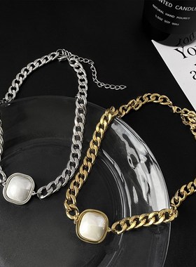 网红2022年新款方块粗链条w项链女ins小众轻奢高级锁骨链气质颈链