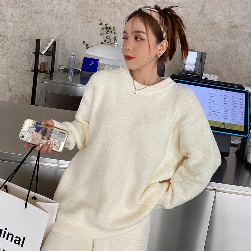 简约纯色套装可外穿睡衣女秋冬季加绒H加厚保暖毛线绒软绵绵家居