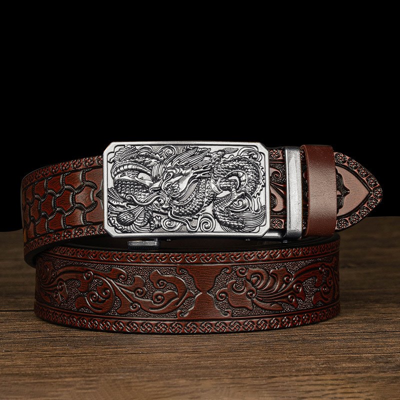 霸气唐草纹雕花男士自动s仿铜扣腰带个性直播热卖款六爪龙压花皮