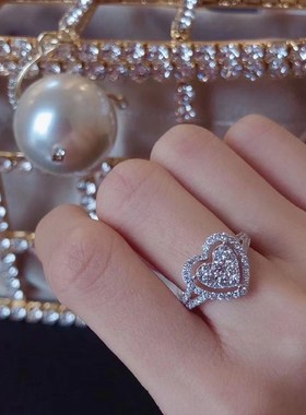 豪华轻奢气质群镶克拉效果大爱心仿莫桑钻戒指 V满钻心形耳钉女