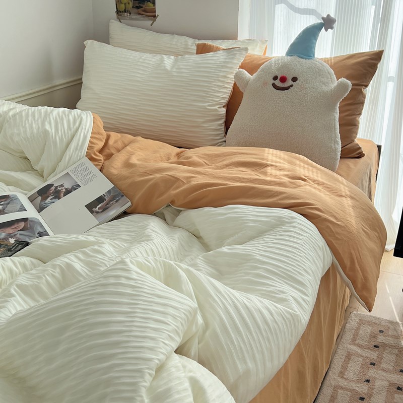 简约风褶皱泡泡纱水洗棉四件套日式床单床笠1.5m被套宿舍床上用品