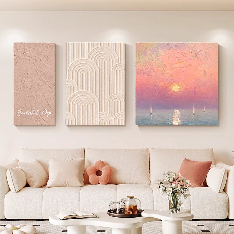 奶油风客厅装饰画日出海景抽象肌理感三联壁画组合沙发背景墙挂画