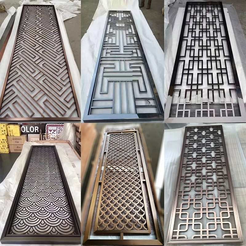 中式新现代镂空不锈钢格栅雕花屏风入户花格金属简约奢轻玄关隔断