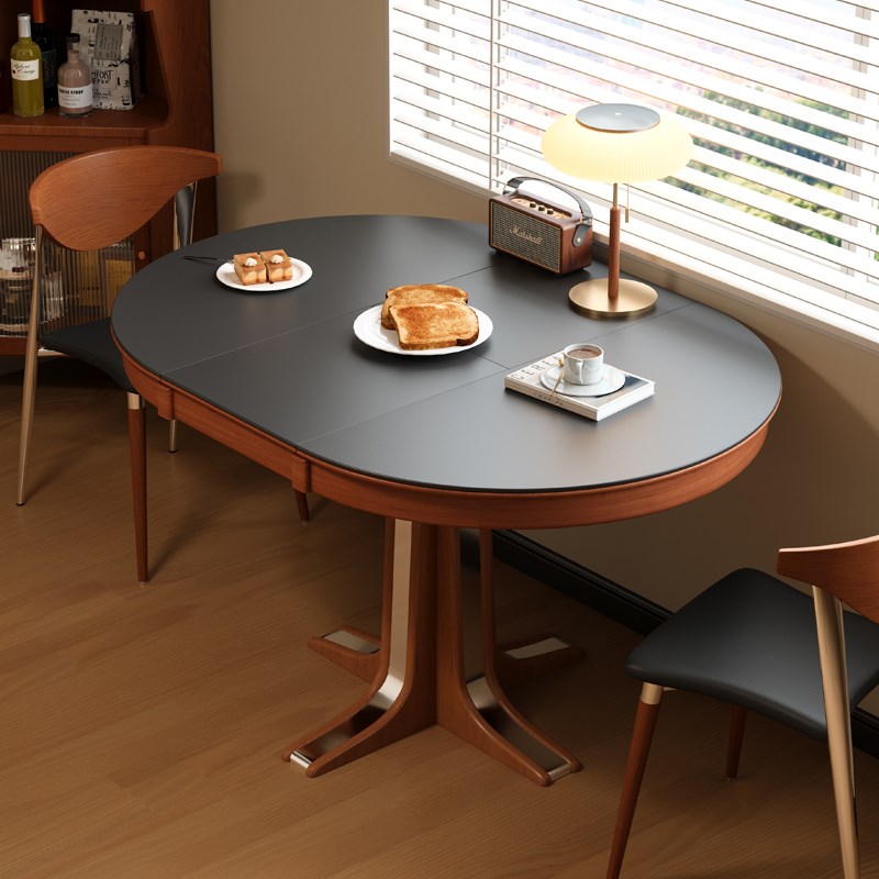 木小咖 岩板伸缩餐桌中古风圆形实木法式小户型圆桌客厅折叠饭桌
