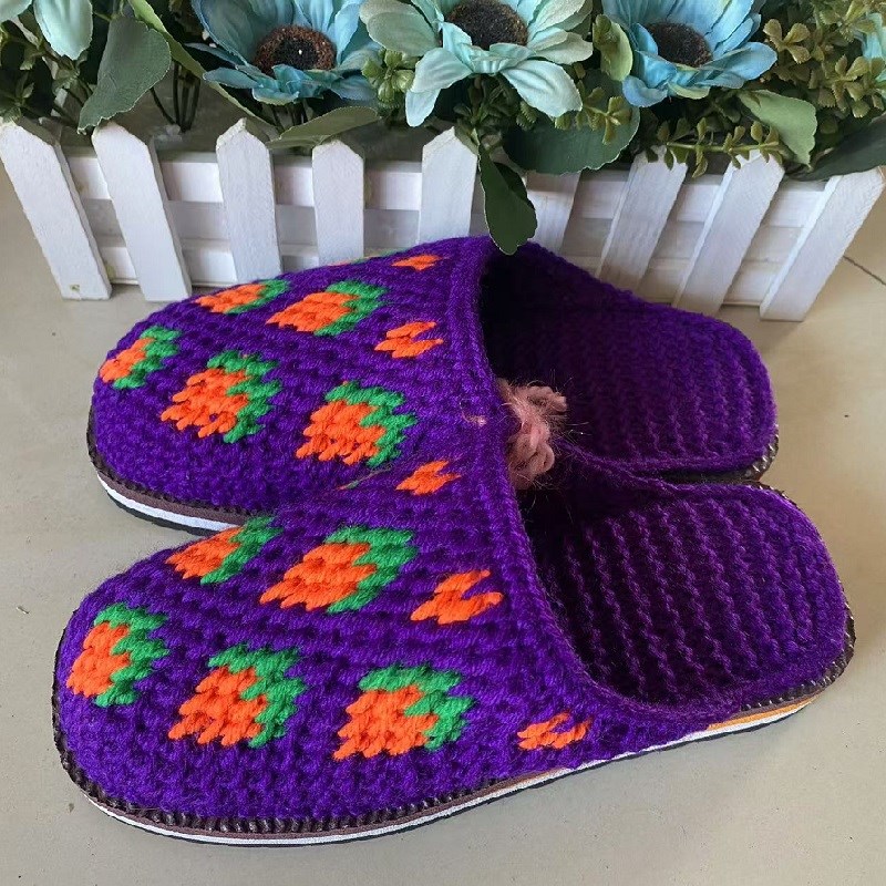 36/37码成人女手工编织居家防滑平底毛线拖鞋成品草莓成品现货冬
