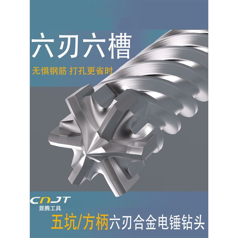 六刃电锤钻头方柄四坑五坑柄钢筋混凝土穿墙壁植筋膨胀打孔电锤