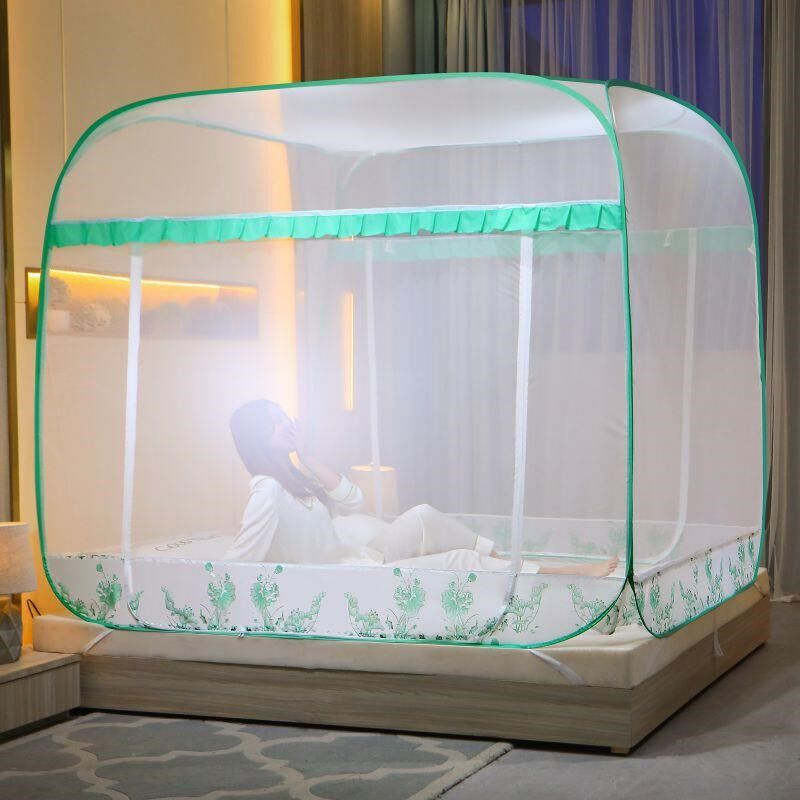 2020新款免安装大顶钢丝蒙古包蚊帐方顶坐床式有底拉链文帐三开门