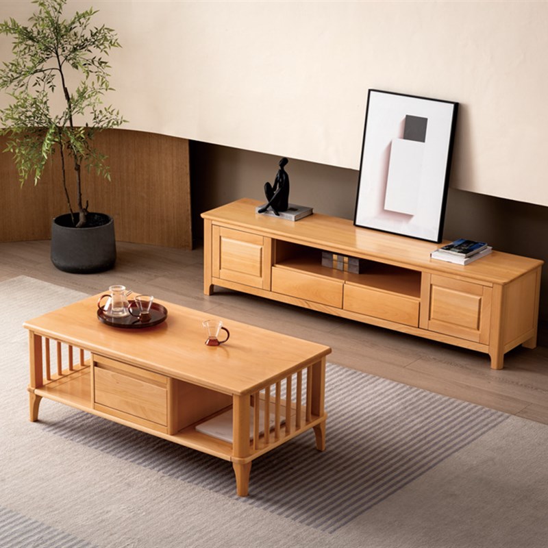 榉木实木电视柜1.8米小户型客厅全实木电视柜茶几组合收纳柜现代