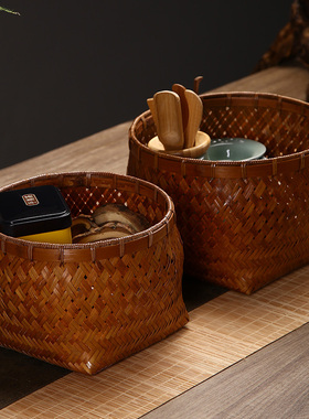 纯手工竹编圆形杂物筐竹制家用茶几D桌面复古收纳筐精编竹篓储物