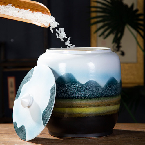 雨彤新品景德镇陶瓷米缸传统工艺储存小瓷缸简约厨房窑变釉山水米