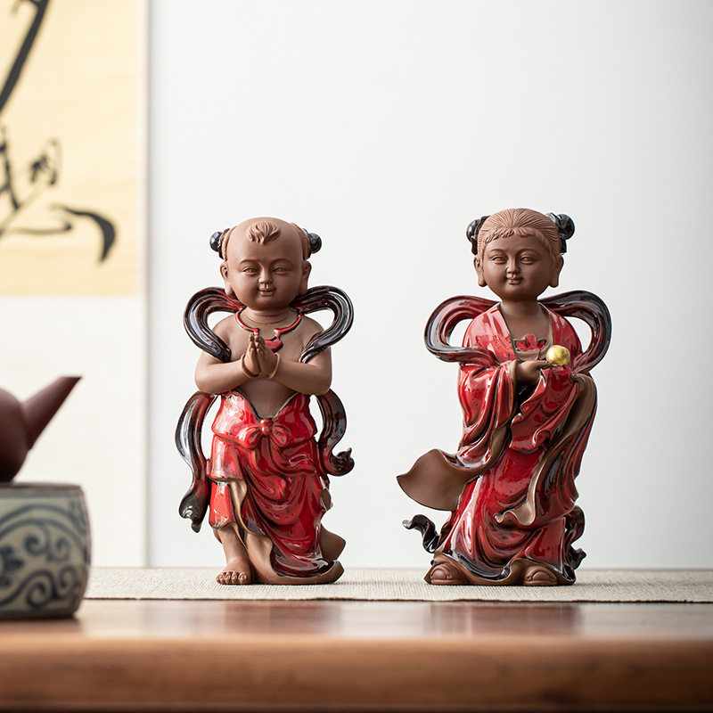 创意陶瓷金童玉女摆件一对善财童子龙女佛像玄关家居装饰工艺礼品