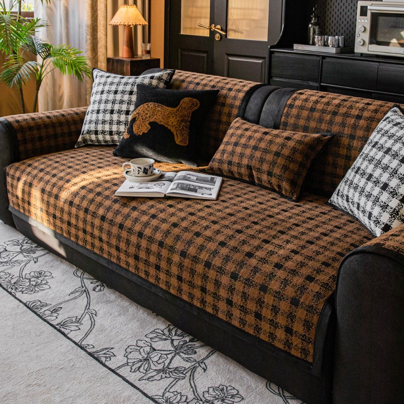 中古风沙发垫四季通用防滑复古棕咖色格子黑色直排沙发坐垫沙发巾