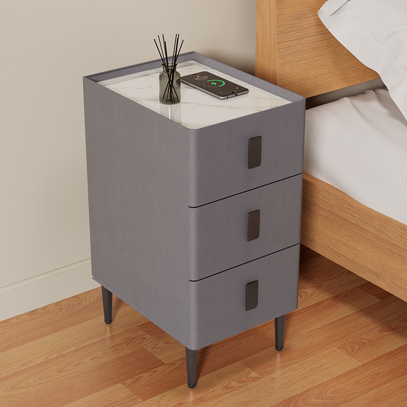 智能牀头柜简约现代无线充电窄柜家用卧室小型实木牀边柜带灯插排