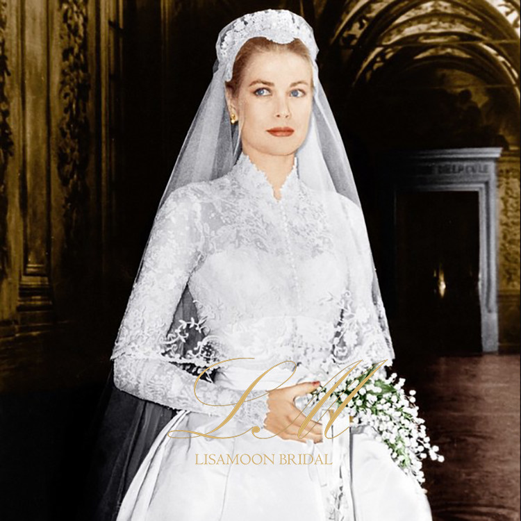 北京新款刺绣宫廷实体复古摩纳哥格凯莉王妃同款蕾丝缎长拖尾婚纱