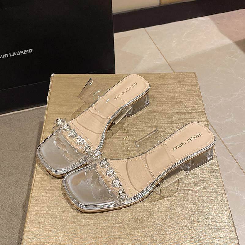 推荐透明水钻鞋女夏Hof4spIK字穿新款仙女风粗跟一带绝美水拖晶外
