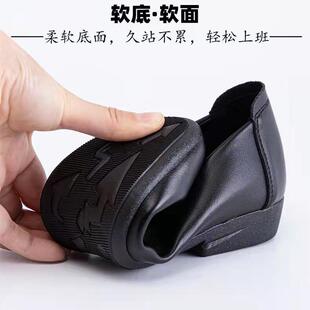 工HWN作鞋女色平底黑皮鞋姐酒店上班单春软底鞋空浅口职业工装不