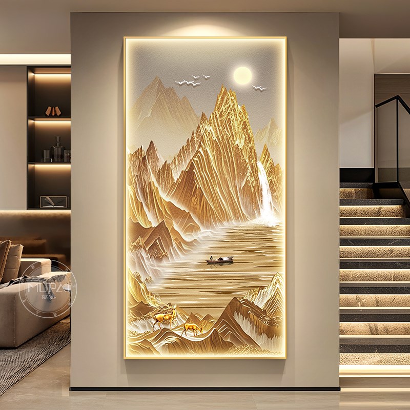 日照金山玄关装饰画入户正对门y挂画高端大气客厅走廊过道壁画灯