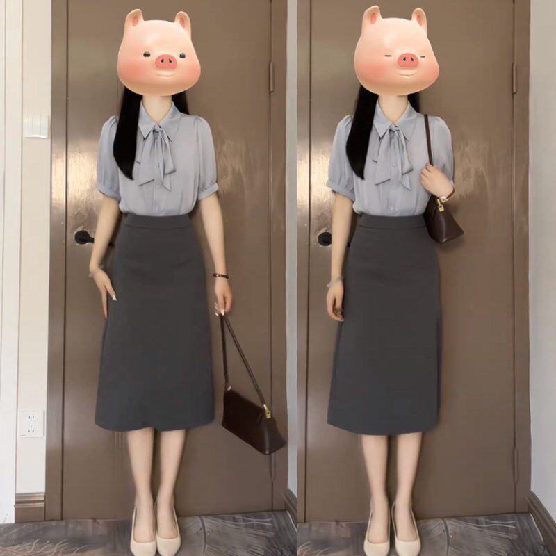 蓝色雪纺衬衫女夏大学生公务员教资面试正装职业套装V裙OL工作服