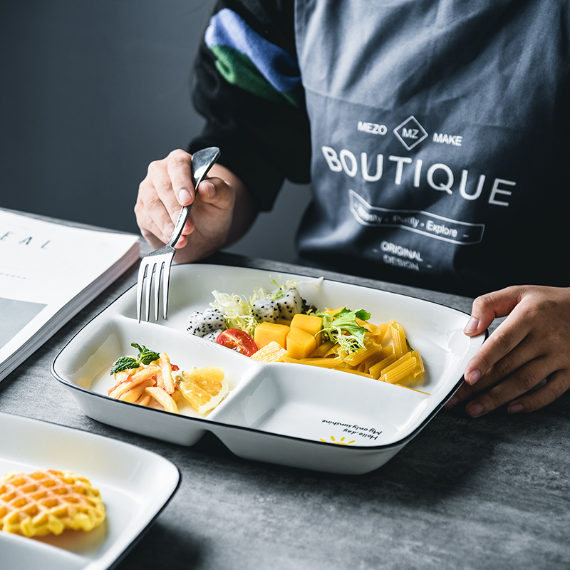 餐盘分格大人加深大容量方形陶瓷餐具分格盘创意家用三分格饭盘子