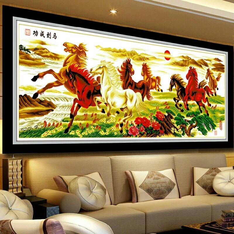 十字绣马到成功八骏图2021新款客厅大幅全绣满绣棉线丝线刺绣大幅