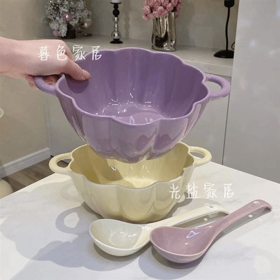 大容量汤碗勺子装釉下彩陶瓷泡面碗螺蛳碗奶油风家用餐具水果碗