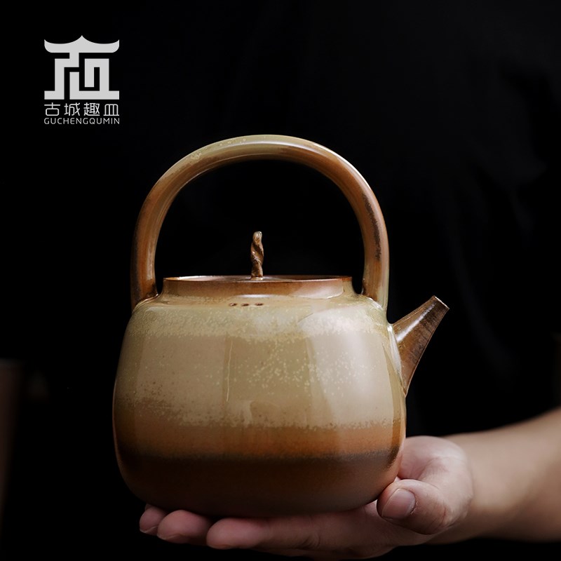明德园秋实提梁壶红泥柴烧釉烧煮水茶陶壶电陶炉装静音红淘文创