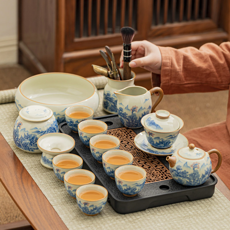 黄汝窑功夫茶具装办公泡茶山水青茶壶盖碗茶杯整