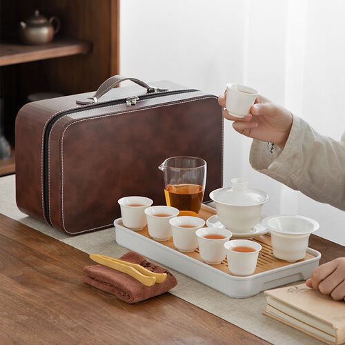 羊脂玉旅行茶具套装家用茶盘白瓷盖碗功夫茶杯车载户外露营便携式