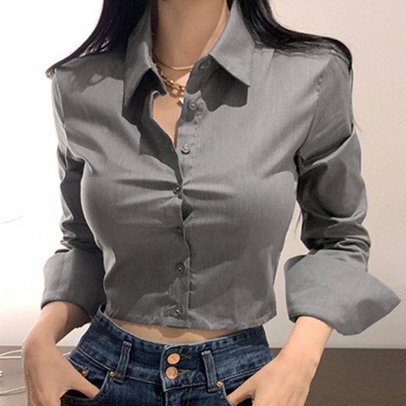 掌柜自留款 设计感灰色百搭衬衣~女人味J显身材露腰短款长袖衬衫