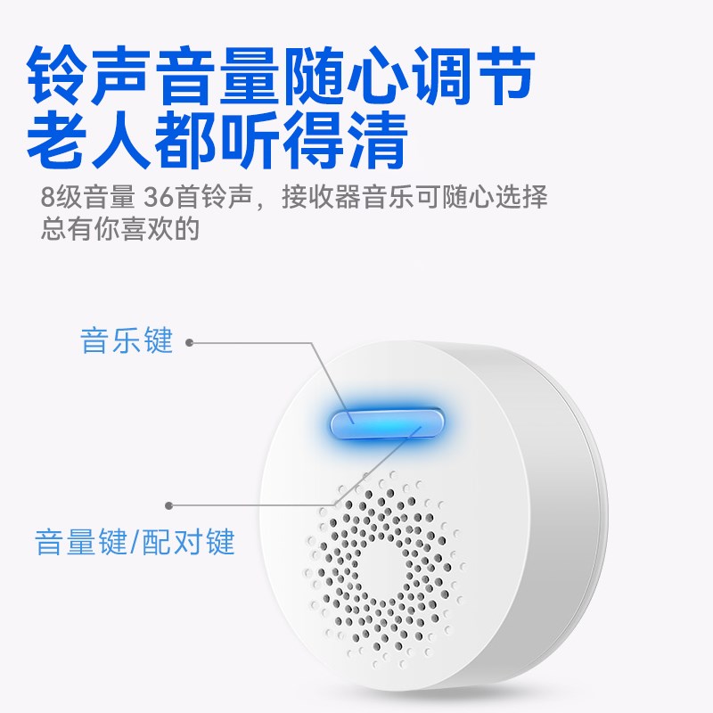 自发电无线门铃家用按铃老人呼叫器新款悦耳音乐大音量可调节铃声
