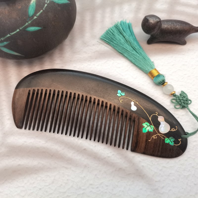 精品手工雕刻檀木梳子螺钿镶嵌漆艺福禄双全葫芦梳文X创商务礼物