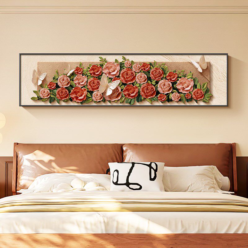 奶油风玫瑰卧室装饰画蝴蝶花卉主卧床头挂画N温馨横版房间侧卧壁