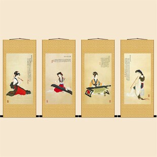 仕女弹琴古筝吹箫笛子 古代乐器教室书房装饰画复古人物卷轴挂画
