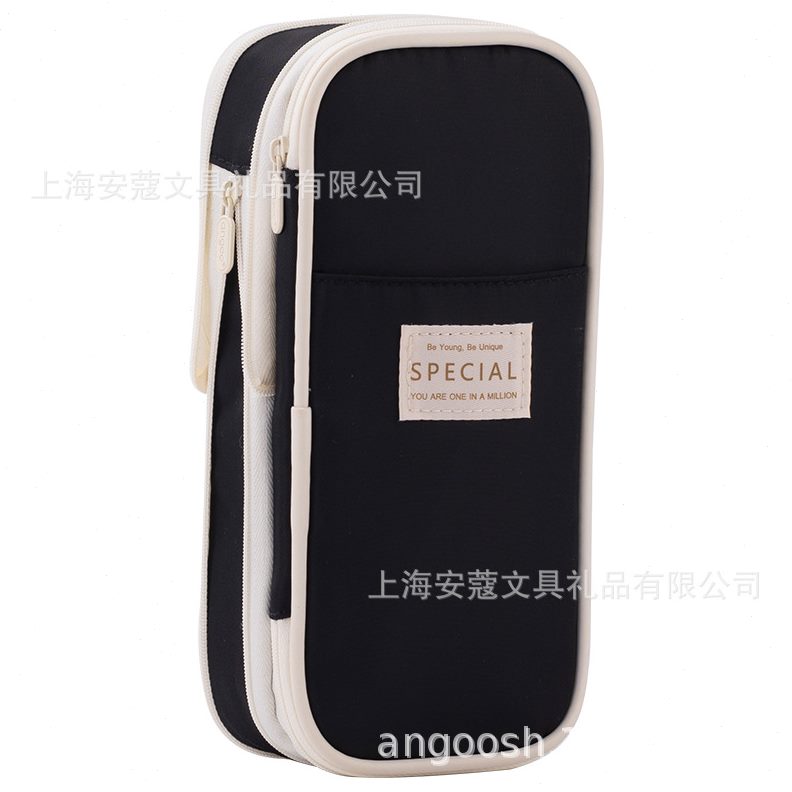 甄选安蔻ANGOO双层笔袋中生文具袋大容量铅笔袋女简约多功能笔盒