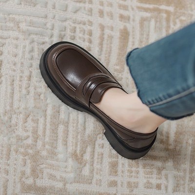 乐单21104福鞋女20学24春季款新厚底一脚蹬院鞋增高小皮鞋英伦风