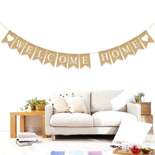 欢迎回家baby shower派对横幅串旗 爱心WELCOME HOME麻布燕尾拉旗