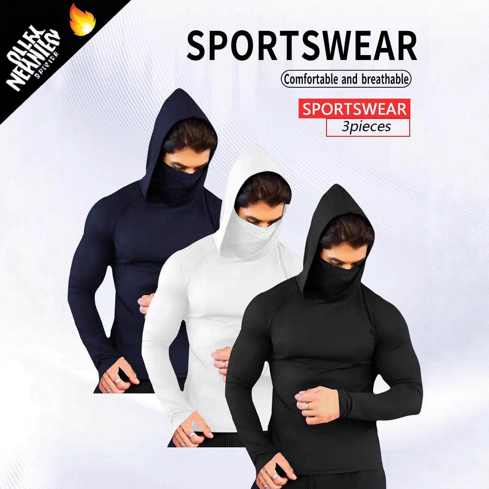 跨境热卖3件装士运动速干连帽衫适合跑步健身房骑行的运动透气