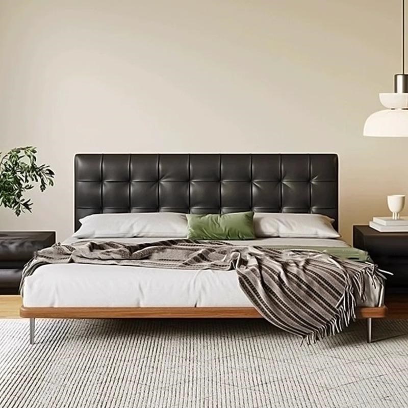 优选床中古e风极简n主卧实木床软包床复古华夫格床现代简约轻奢1