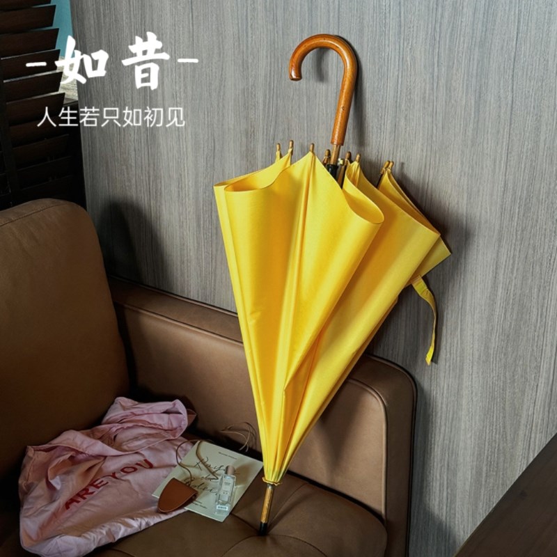 复古黄色长柄雨伞双人木柄木杆8骨加大加固防风木质男女自动