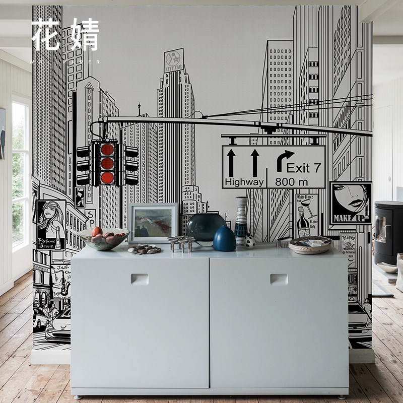现代简约黑白城市壁纸电视背景墙纸墙布无缝客厅餐厅定制壁画壁布