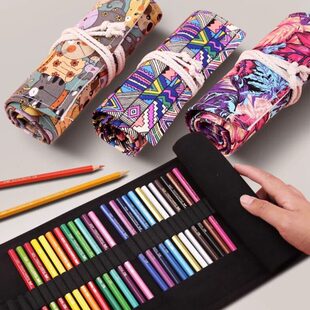 帆布笔帘卷笔袋简约美术画笔包收纳工具装铅笔的袋子便携式24色36