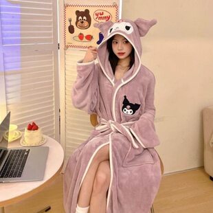 法兰毛绒浴袍女吸水速干三丽鸥睡衣浴衣浴巾加厚珊瑚绒中长款睡袍