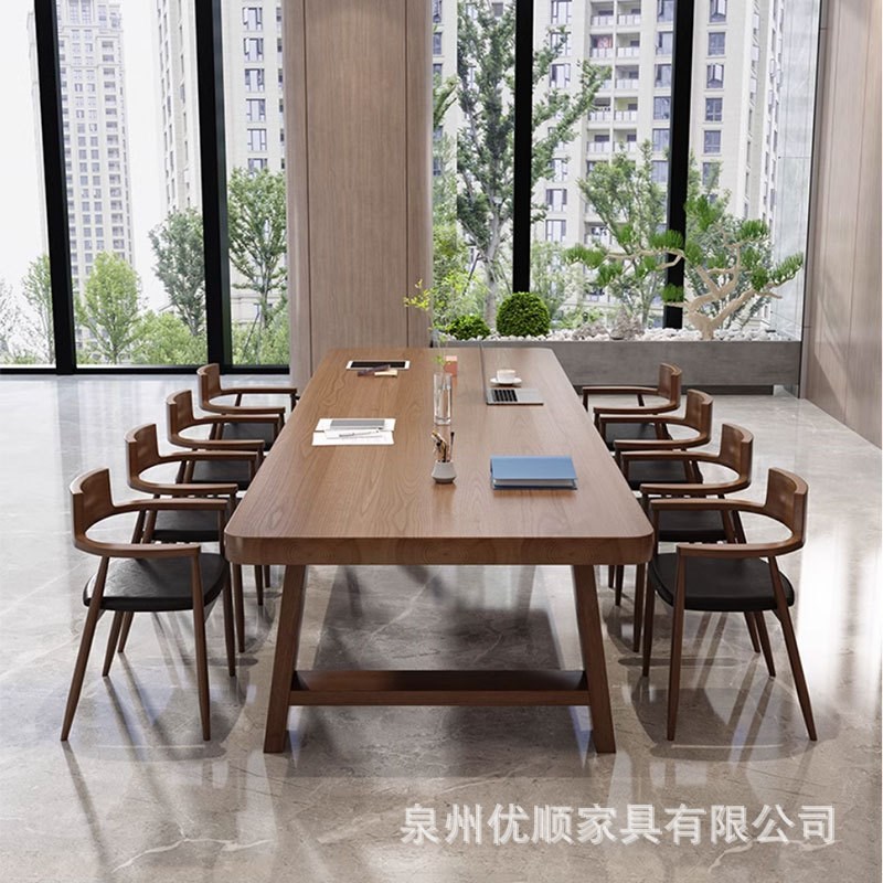 全实木会议桌长桌子工作台大板办公桌简约现代公司多人长条洽谈桌图片