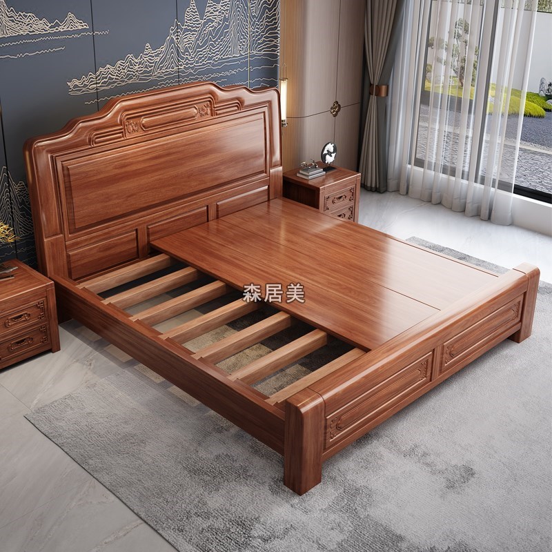 金花梨木全榫卯实木床2米主卧双人大床中式古典雕花菠萝格红木床
