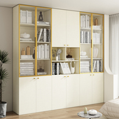 定制enf级落地奶油风书柜带玻璃门家用一体靠墙整墙书房展示柜子