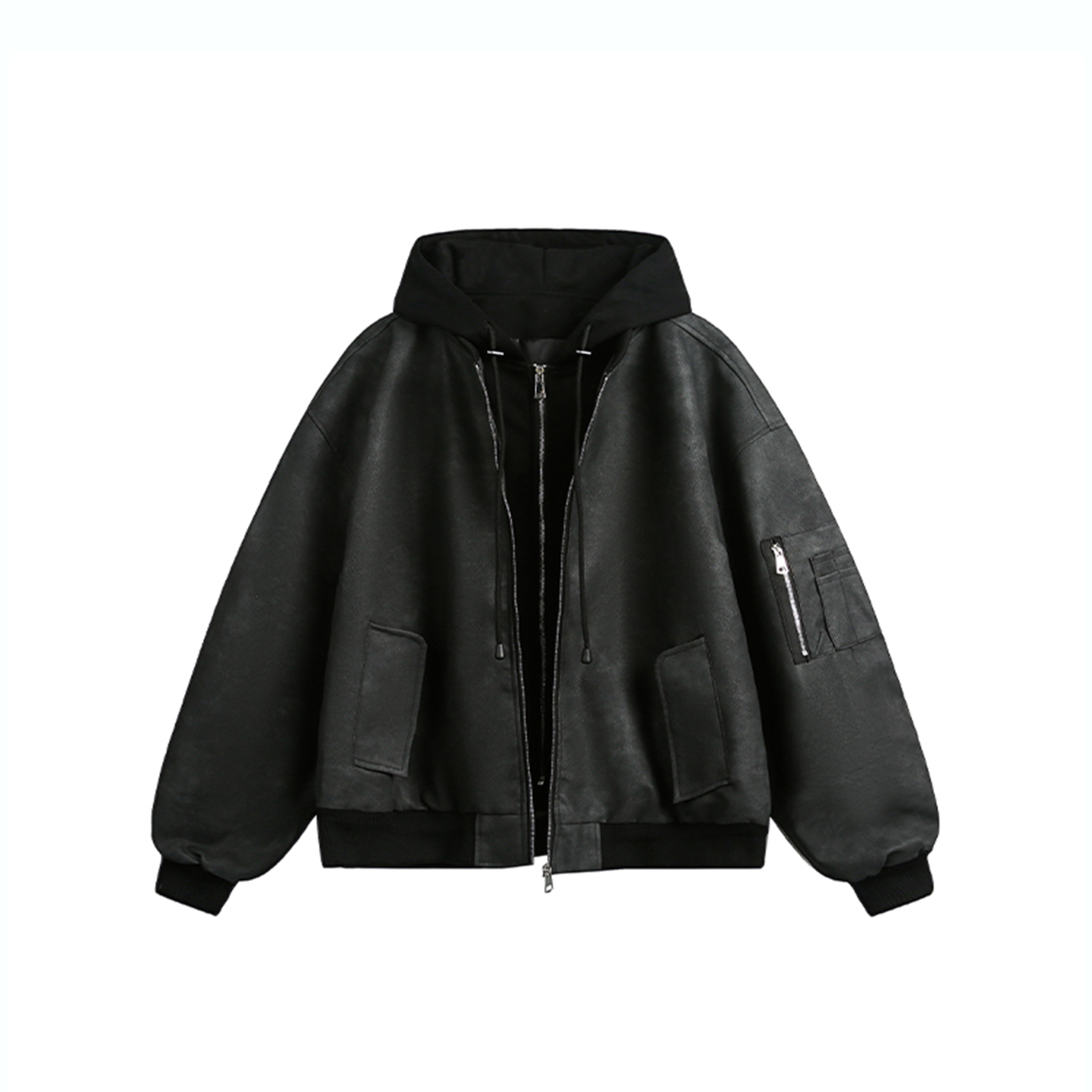 DESIGNSECRETS  25FW假两件PU皮工装飞行员皮夹克男士机车风外套