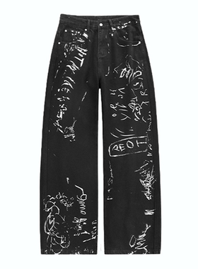 DESIGNSECRETS 25FW巴黎涂鸦宽松牛仔裤男士高街潮流休闲直筒裤子