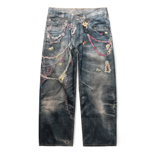 休闲裤 DESIGNSECRETS 男士 印花牛仔裤 子 25FW法国进口糖果铁链数码