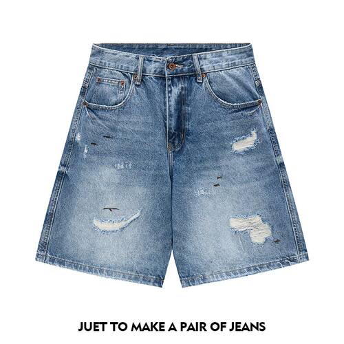 日本品牌泼墨破洞五分牛仔裤男
